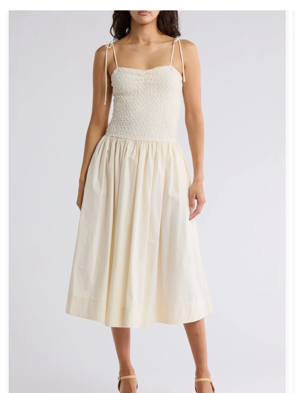 Lush Cream Smocked Midi Dress with Adjustable Spaghetti Straps